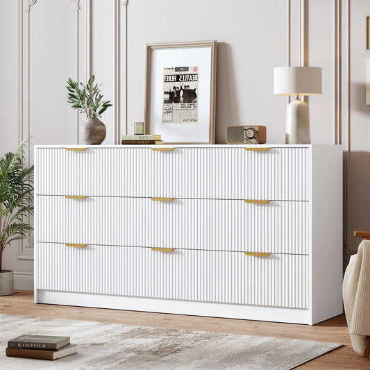 Garvee 9 Drawers Dresser for Bedroom - 59" Wide Modern Fluted Chest of Drawers with Golden Metal Handles, Large TV Stand Multi-Function Home Organizer for Living Room, Entryway, Hallway, White
