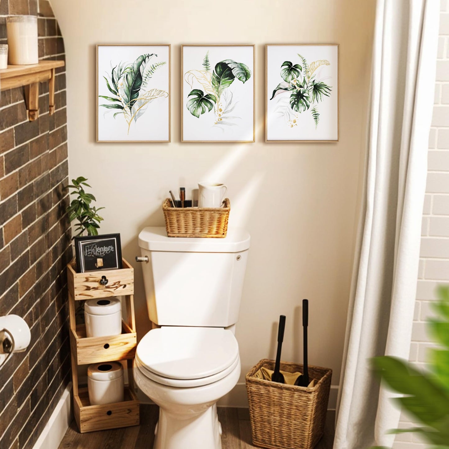 ArtbyHannah Bathroom Framed Wall Art, Botanical Canvas Paintings Wall Decor with Green and Gold Gilded Textured Modern Nature Pictures Plant Prints for Living Room Bedroom (12x16 Inch, Set of 3)