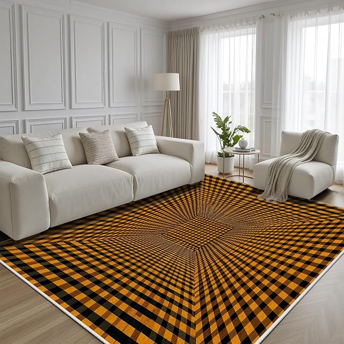 3D Rugs Optical Illusion - Plaid Rug 7x10, Geometric Stripes Soft Neutral Indoor Floor Mats Carpet, Non-Slip Stain Resistant Modern Orange Rug for Bedroom, Living Room Rugs