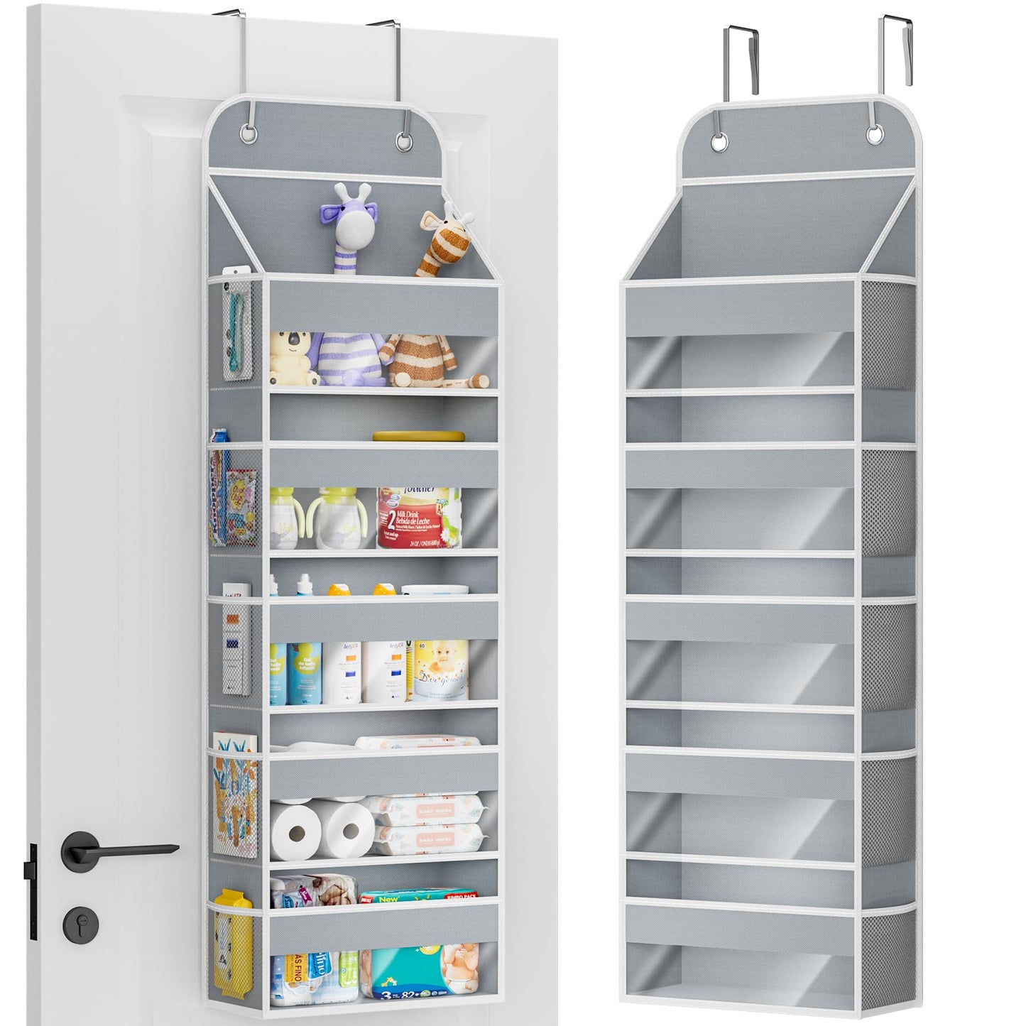COOLBEBE Over the Door Organizer, 5-Shelf Hanging Organizer with 10 Side Pockets, 44LB Behind the Door Storage for Bathroom Bedroom Closet and Baby Essentials, Grey
