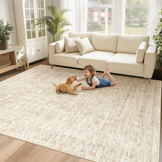 Washable Area Rug 5x7: Moroccan Rug for Living Room Geometric Boho Rug Farmhouse Non Slip Stain Resistant Rugs Low Pile Soft Carpet for Bedroom Dining Room Home Office Children Room (Beige,5'x7')