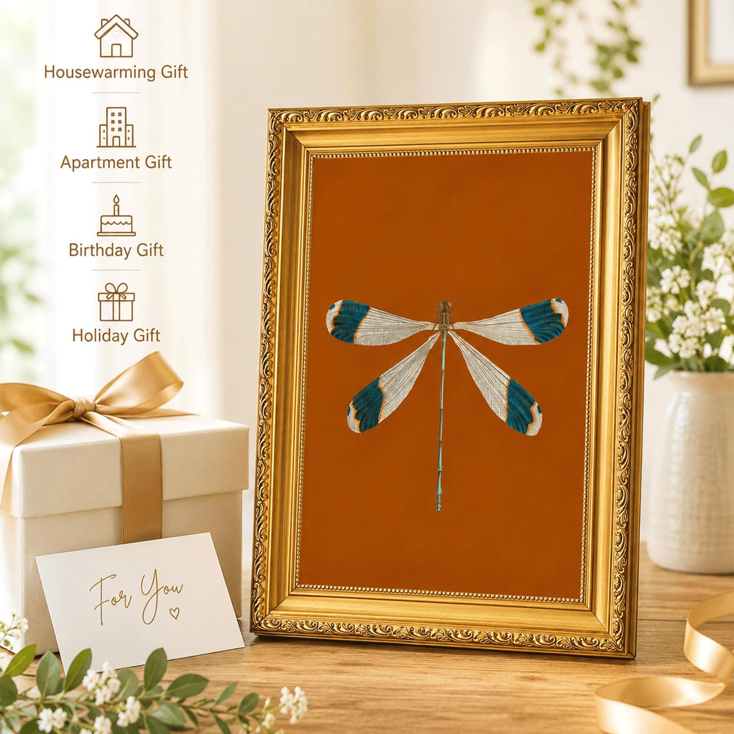 Gold Framed Dragonfly Wall Art, Vintage Insect Print