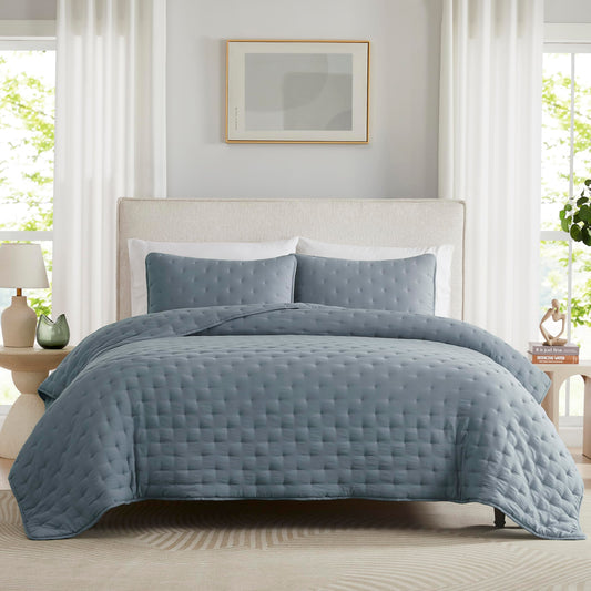 WDCOZY Dusty Blue Cloud King Size Quilt Set, Tan Lightweight Farmhouse Bedspread, Rustic Country Coverlet, Taupe Camel Soft Bedding, Thin Comforter for All Season - 3 Pieces, 104x90 inches