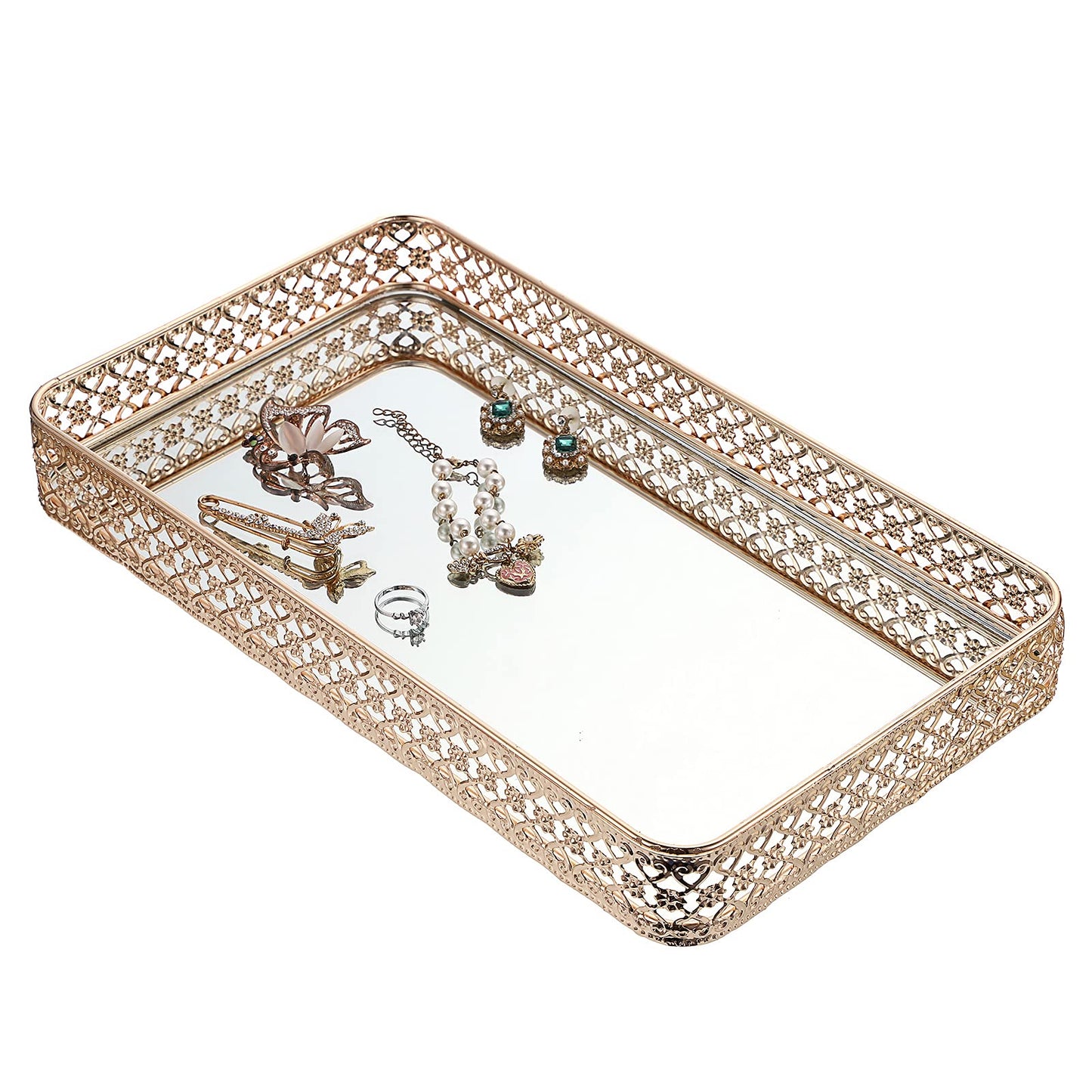 ELLDOO Gold Perfume & Makeup Vanity Tray - Hollow-Carved Jewelry Storage, Glass & Metal Trinket Organizer for Dresser & Bathroom Countertop, Large Size