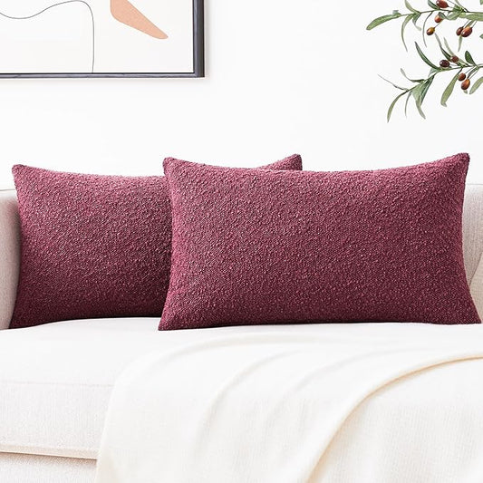 Mixhug Decorative Boucle Throw Pillow Covers, Burgundy Red, 12 x 20 Inches, Pack of 2 - Textured Boho Pillow Covers for Couch and Bed