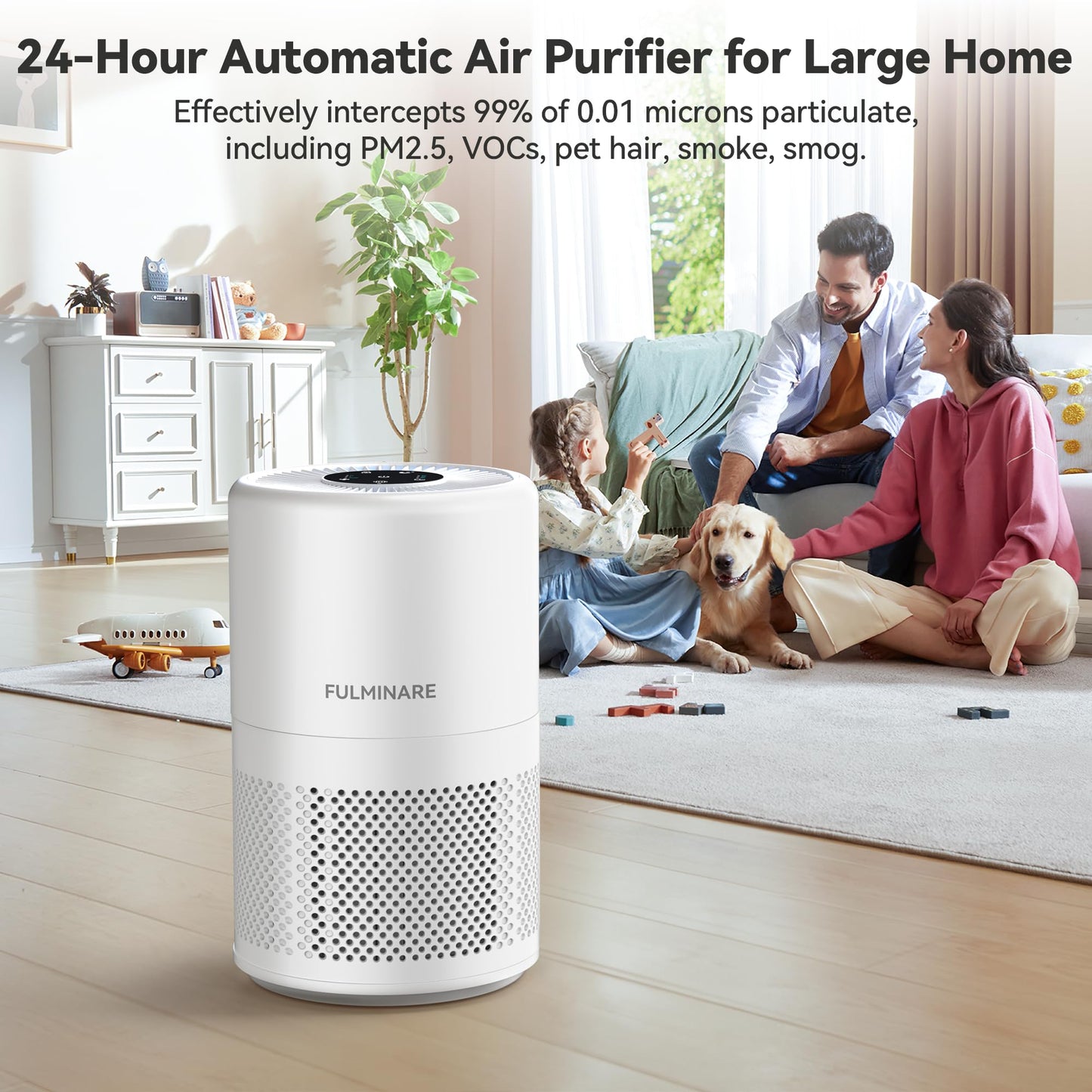 FULMINARE Air Purifiers for Home Bedroom 1095 Ft² Coverage HEPA Air Purifier for Large Room for Pets, Smoke, Kitchen, Office, 3 Speeds, Timer, Quiet, Auto Variable Frequency, Sleep Mode, White