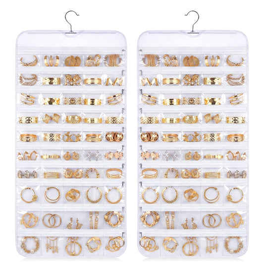 Xosjska 2 Pack Hanging Jewelry Organizer 80 Zippered Pockets 80-Pocket Dual-sided Jewelry Storage for Necklace Bracelet Earring RingsTravel Holder - White