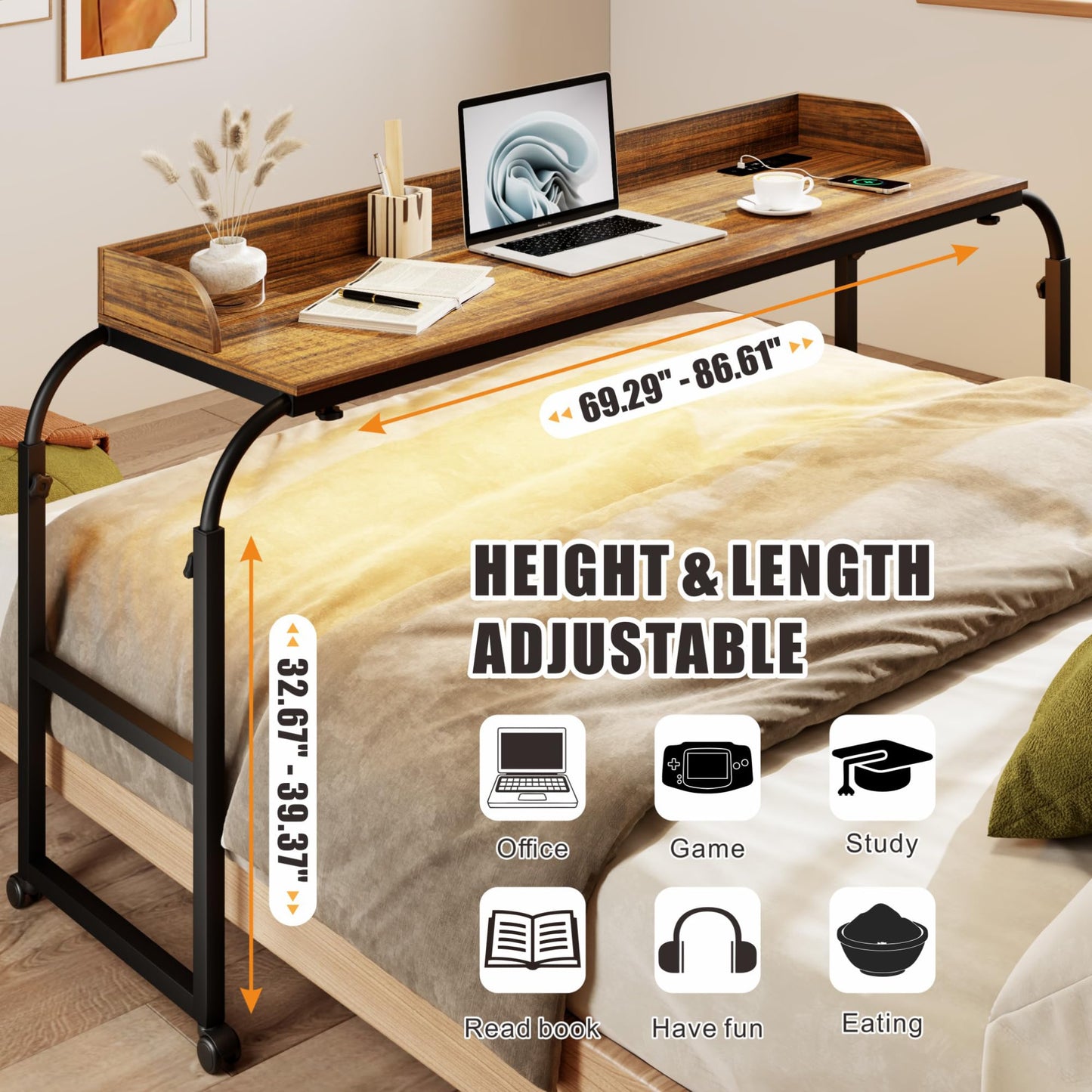HWB Overbed Desk with Charging Station-Over Bed Table-Adjustable Length/Height with Wheels - Human Sensor LED Light Mobile Queen Size Bed Table Rolling Tray Table for Eating & Laptops, Brown