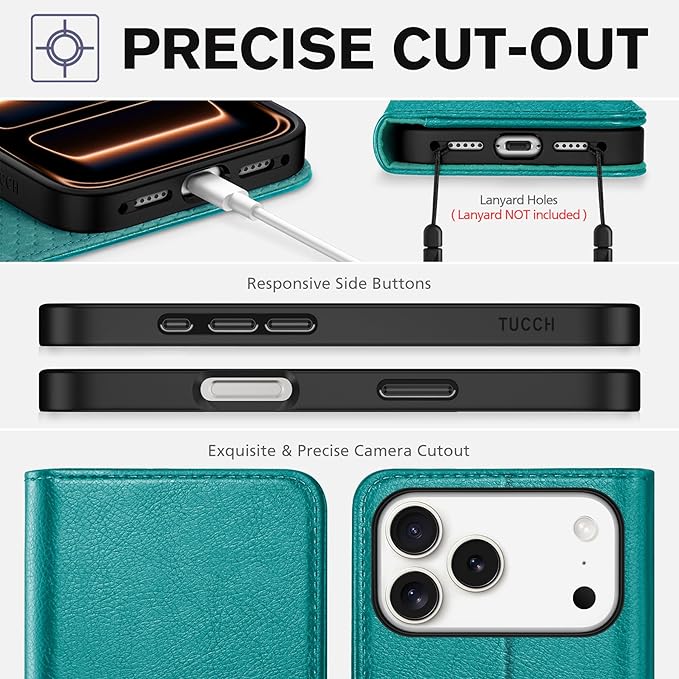 TUCCH Case Wallet for iPhone 17 Pro Max (6.9-Inch) 2025, 3 Card Slots | Kickstand | RFID Blocking | PU Leather | Protective Flip Folio Cover | TPU Shockproof Interior Shell | Cyan