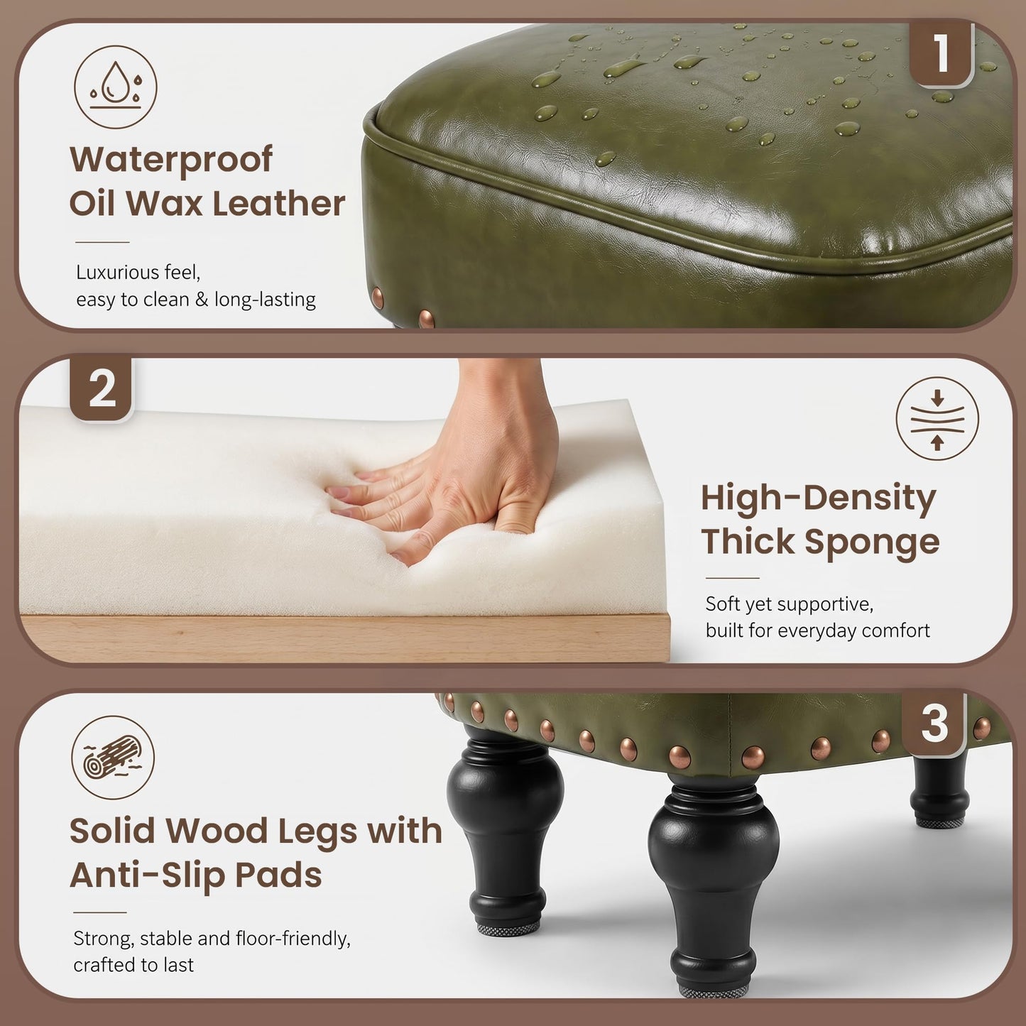 Cmishe Ottoman Leather Footrest, Vintage Footstool with Hidden Storage, Thickened Foam Upholstered Seat, Solid Beechwood Legs, Under Desk Shoe Bench Small Bench for Living Room Dining Room (Green)