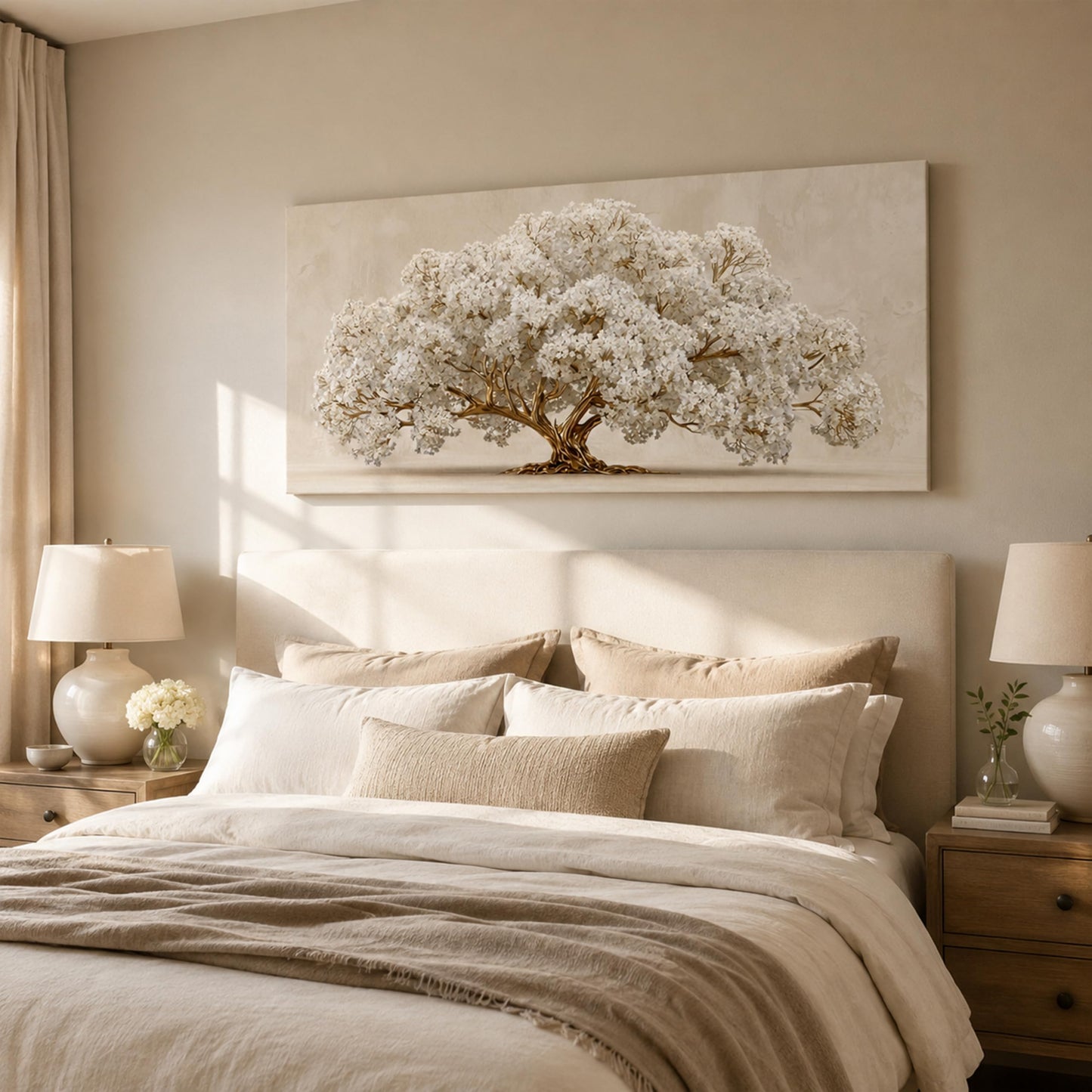 Anpeer Large Tree of Life Canvas Wall Art, Gold and White Big Tree Painting Picture Wall Decor, Neutral Beige Botanical Floral Print Artwork, for Office Living Room Dining Bedroom Home Decoration