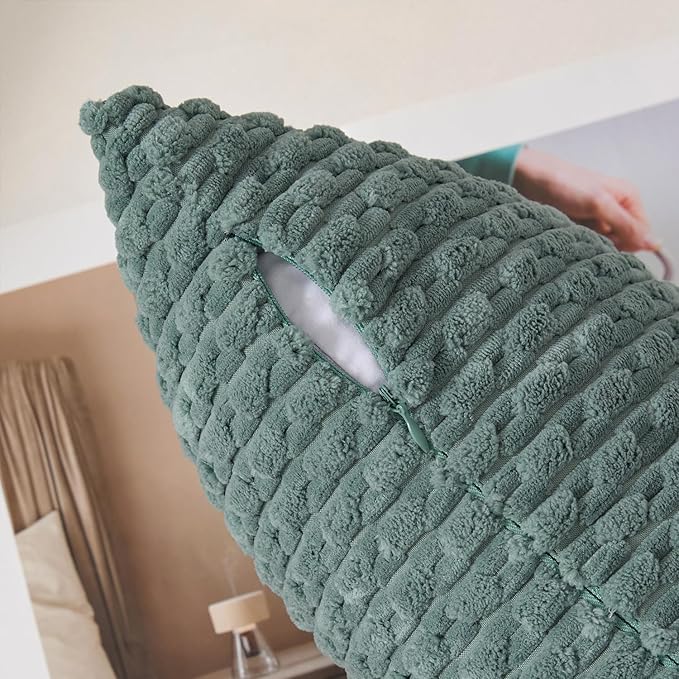 Kevin Textile Decorative Pillow Covers Set of 2 Striped Plush Corduroy Pillows Pillowcases Boho Home Decor Cushion Covers for Couch Sofa Bed Living Room 24x24 Inch, Teal Green