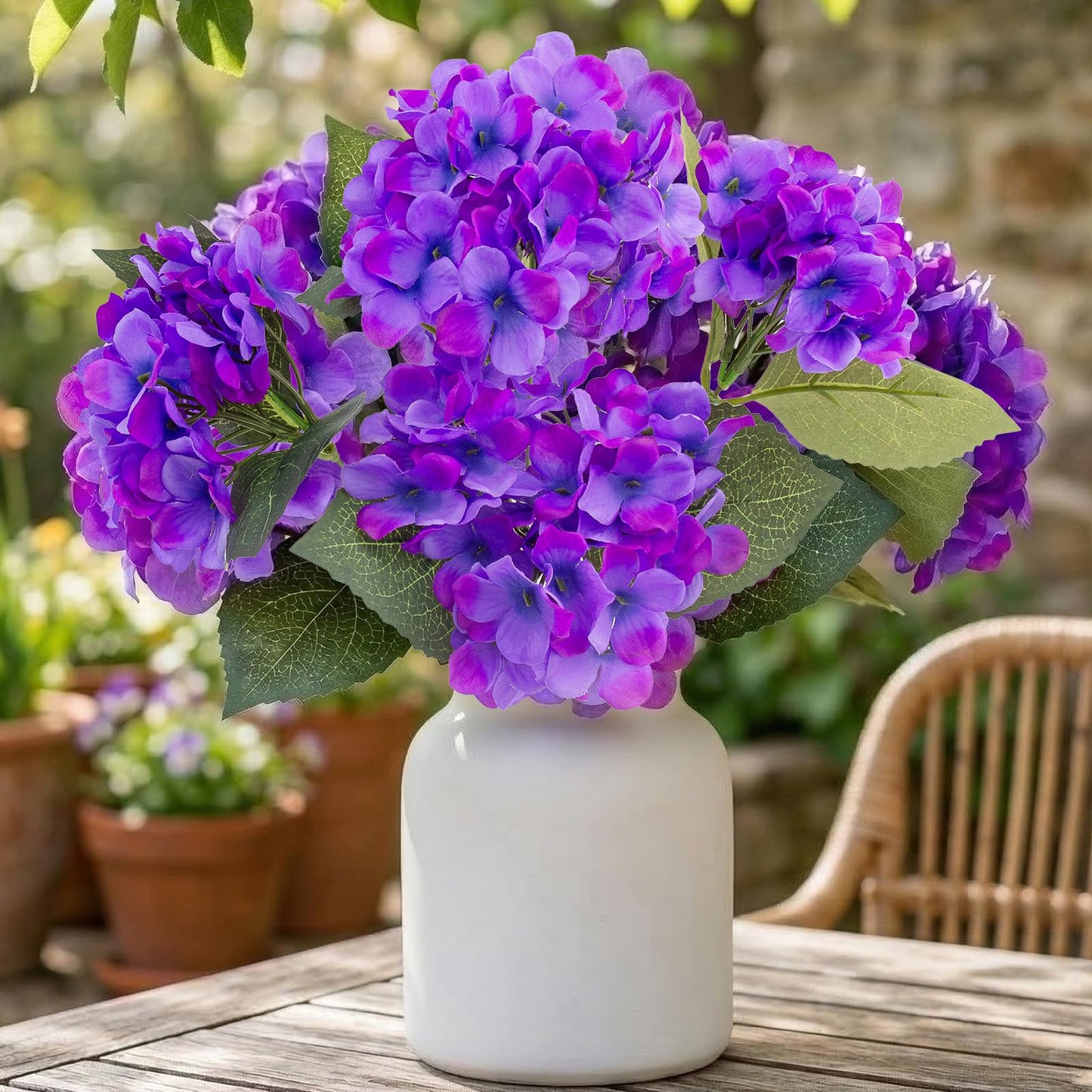 Daynight 4 Pcs Hydrangea Artificial Flowers Outdoor Silk Bouquets, UV Resistant Faux Hydrangeas Flowers for Table Vase Centerpieces Outside Party Wedding Baby Shower Home Outdoor Decor (4, Purple)