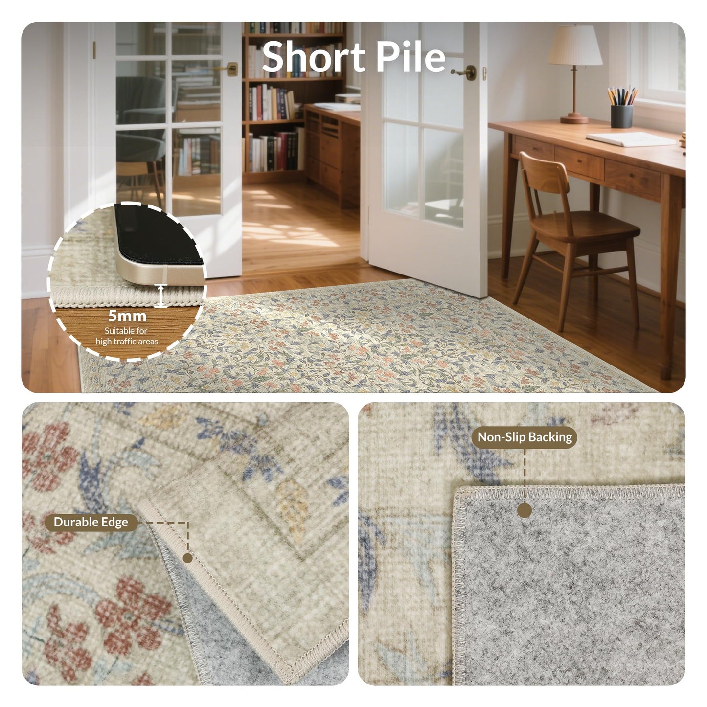GENIMO 5x7 Washable Area Rug, Non-Slip Vintage Boho Floral Carpet, Soft Low-Pile Thin Bedroom Rug for Living Room, Dining Room, Nursery, Beige Blue