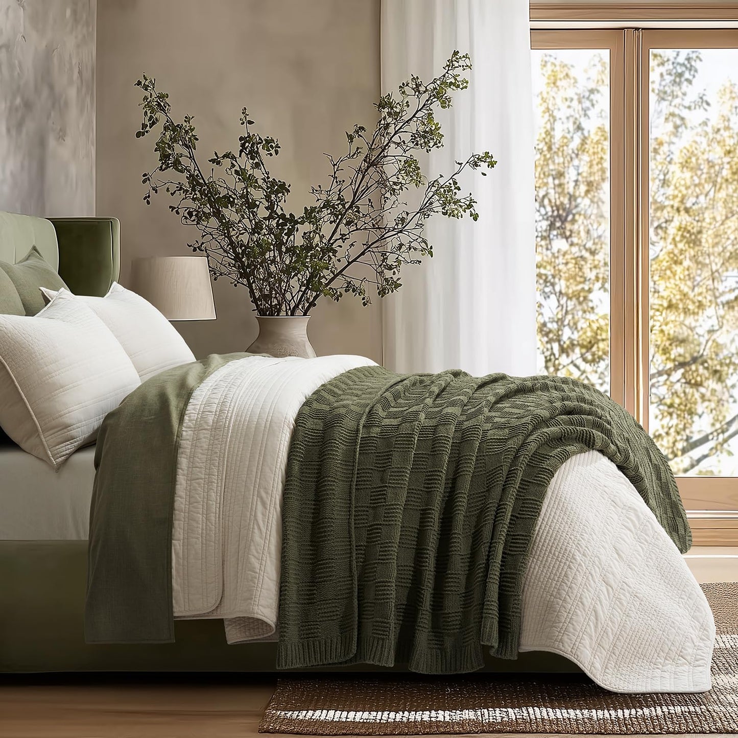EVERGRACEHOME Modern Checkered Chenille Throw Blanket, Soft Cozy Plaid Knitted Chair Blanket for Sofa Couch, Decorative Knit Throw for Bed and Living Room, Olive Green, 50" x 60"