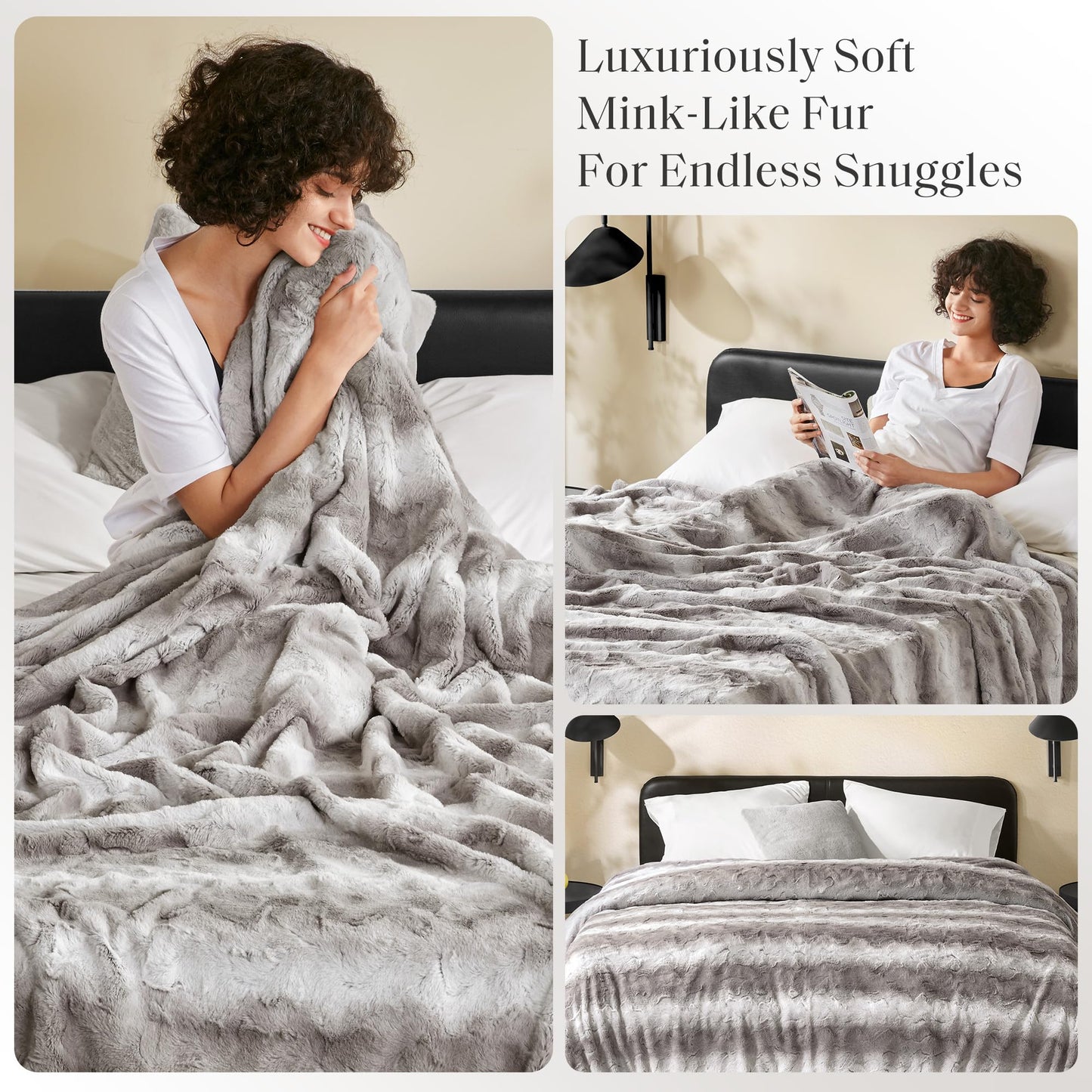 Madison Park Ultra-Soft Poly Fur Blanket Queen Size, Reversible Plush, All Season & Lightweight Queen Fuzzy Blanket for Bed, Couch & Sofa, Zuri, Full/Queen Grey