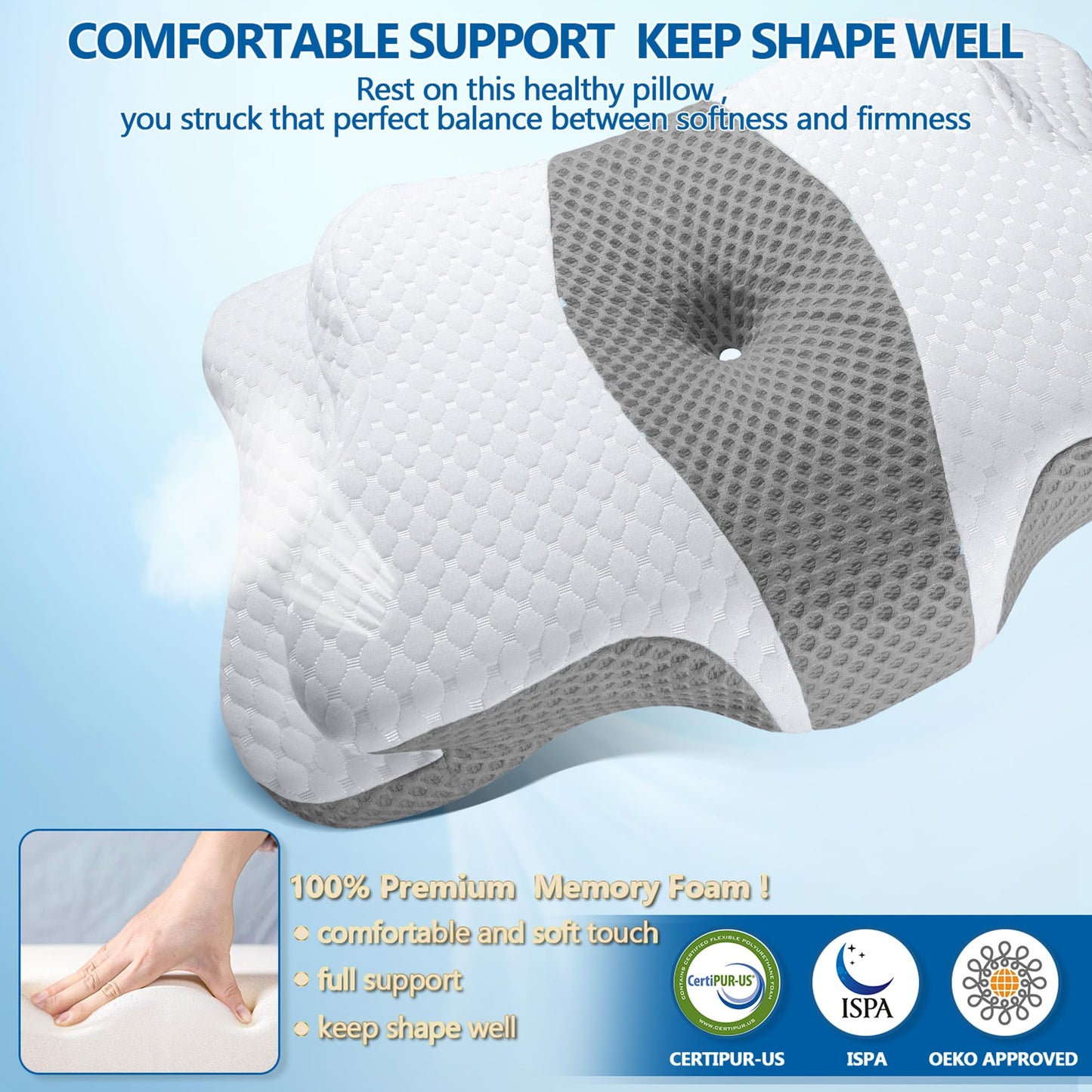 CHxxy Memory Foam Pillows, Cervical Pillow for Neck and Shoulder Pain Relief, Ergonomic Contour Bed Pillow, Soft for Side Sleep Stomach Sleeping and Back Sleeper-Queen Size&Grey