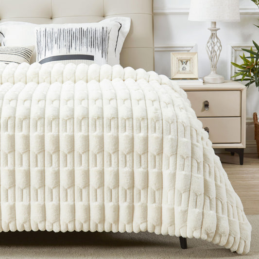 JONIYEAR Extra Large Soft Fluffy Striped Faux Fur Blanket Queen Size 80" x 90", Decorative 3D Geometric Big Warm Fuzzy Fur Blankets for Winter, Reversible Thick Cozy Furry Blanket for Bed, Cream White