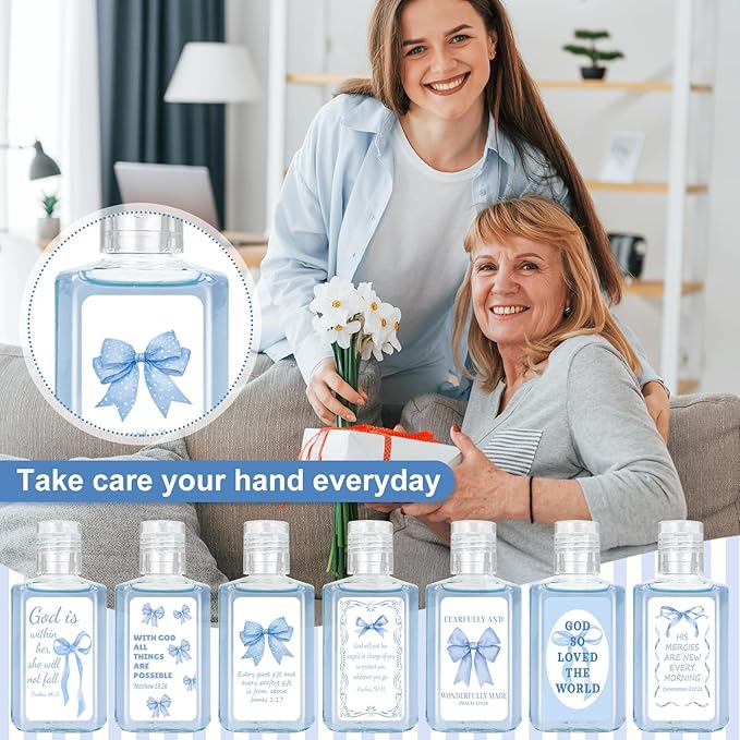 50 Pcs Christian Mini Hand Sanitizer Bulk Coquette Bible Verse Hand Sanitizer Blue Bow Religious Inspirational Favors 1fl oz Travel Size Hand Soap Gift for Christmas Christian Party Supplies