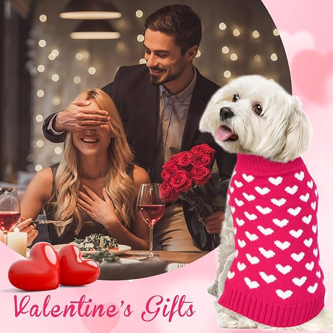 GOYOSWA Valentines Dog Sweater, Dog Valentines Clothes Outfit Knitted Sweaters for Small Medium Large Dogs Pets (Rose Red Heart, Large)