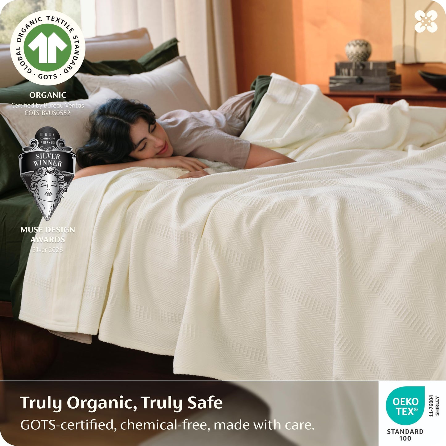 Bedsure 100% Certified Organic Cotton Blanket - Queen Size, Soft & Breathable Luxury Blankets for Bed, All Seasons Waffle & Herringbone PureWoven Textured Thermal Blanket for Adults, Kids, White