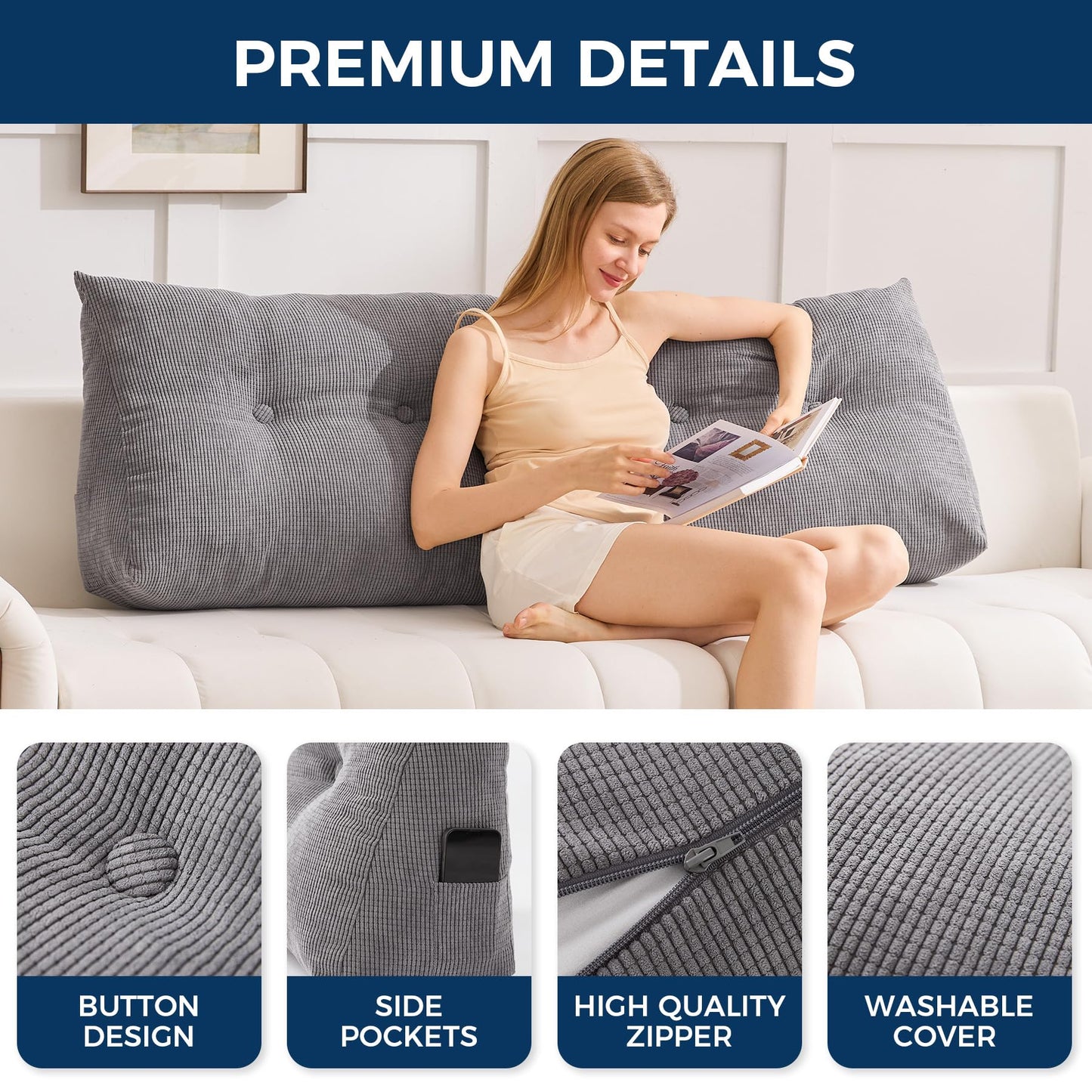 IASEAHK Headboard Pillow Queen, Triangle Pillows for Headboard, Head Board Backrest Wedge Pillow for Reading Sitting Working, Daybed Pillows with Removable Cover for Bed Dorm Sofa, Dark Grey