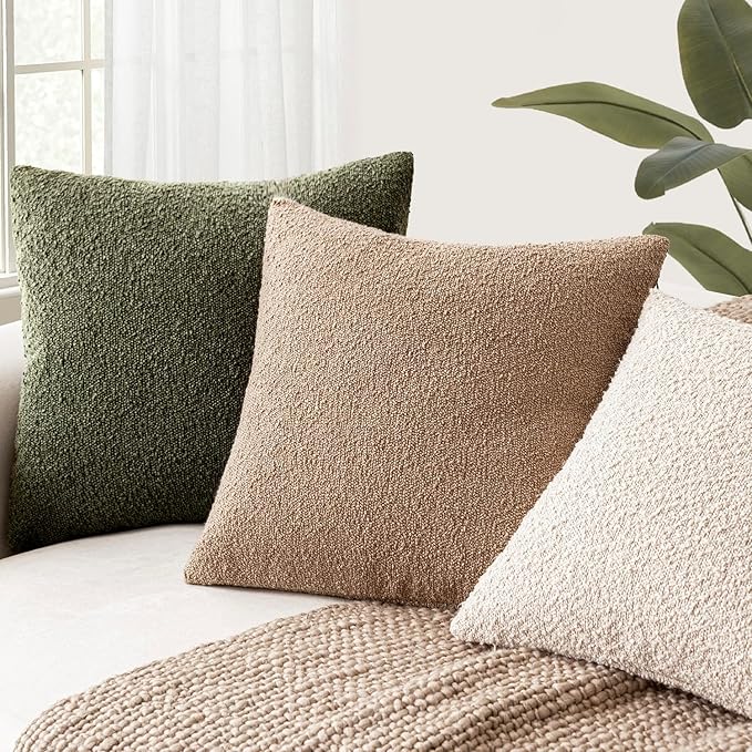Foindtower Decorative Textured Boucle Throw Pillow Covers Accent Solid Pillow Cases Neutral Soft Cozy Couch Cushion Case for Chair Sofa Bedroom Living Room Home Decor 24x24 Inch,1PC,Moss Green