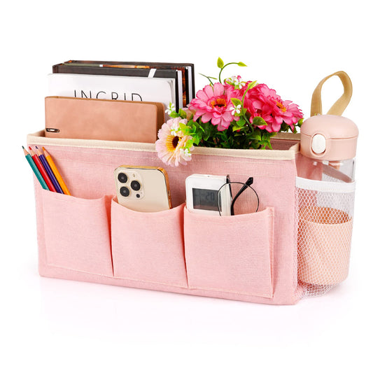 Lilithye Bedside Caddy Bedside Organizer Bedside Storage Caddy with Fixed Straps and Water Bottle Holder for Home College Dorm Bunk Bed Hospital Bed Crib Bed Rails (Pink)