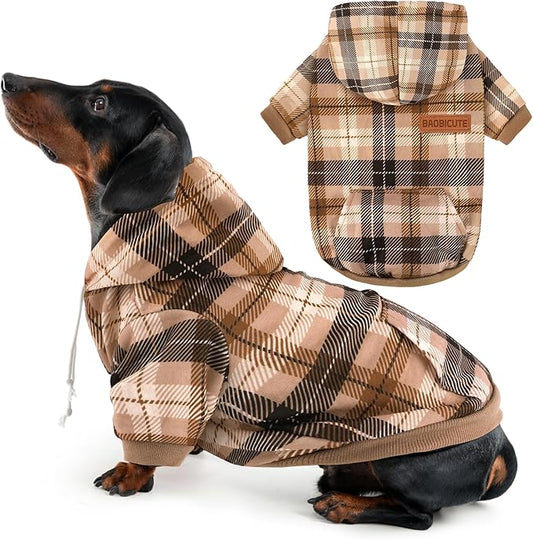 BAOBICUTE Dog Basic Hoodie Soft Dog Clothes Cold Weather Sweaters for Medium Large Dogs Cozy Fabric Warm Sweatshirt with Leash Hole (Khaki Plaid, L (Back: 20.47",Chest: 28.35", Neck: 21.26"))
