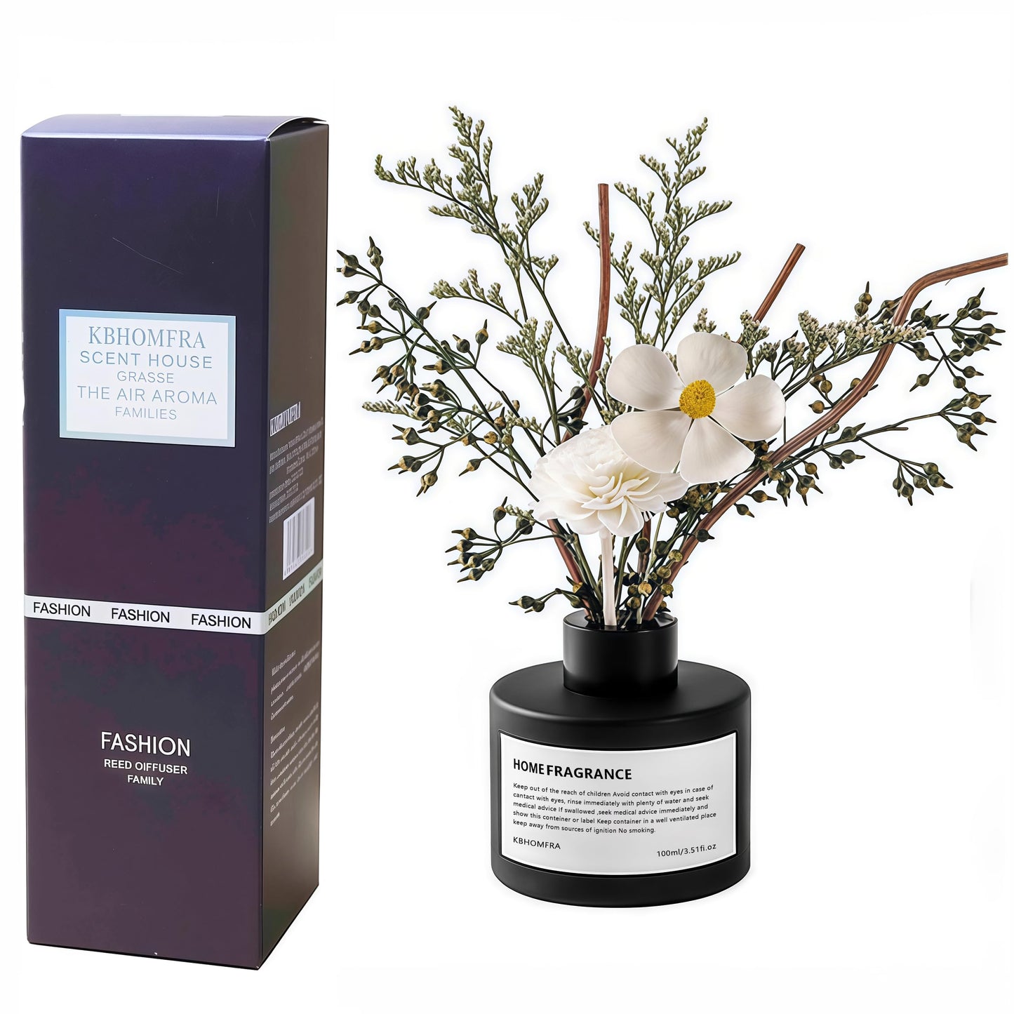 KBHOMFRA Reed Diffuser Set with Dried Flowers, 3.38fl.oz Fragrance Diffuser with Sticks, Scented Sticks Aroma Diffuser, Home & Office Décor for Air Fresheners, Bathroom (Jasmine Tea)