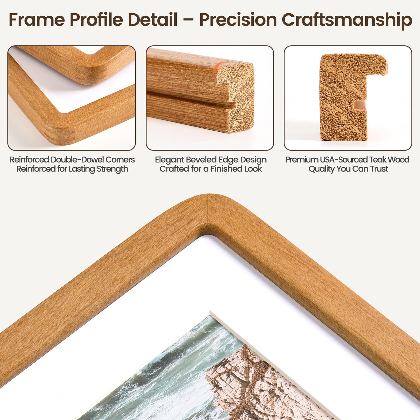 A4 Picture Frame, USA-Sourced Teak Wood Certificated Frame with Chamfered Edge & Double-Dowel Corner, Handcrafted A4 Wooden Frame Matted to A5 with HD Tempered Glass for Wall and Tabletop