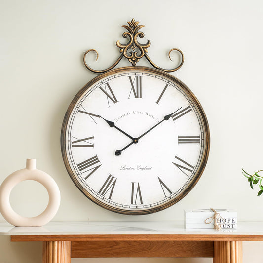 THKSHOUZ Gold Wall Clock 31" x 23.5", Large Clock Wall Decor, Vintage WallClock for Living Room, Antique Mantal Clocks for Bedroom, Metal Frame Clock, Antique Gold Wall-Clock