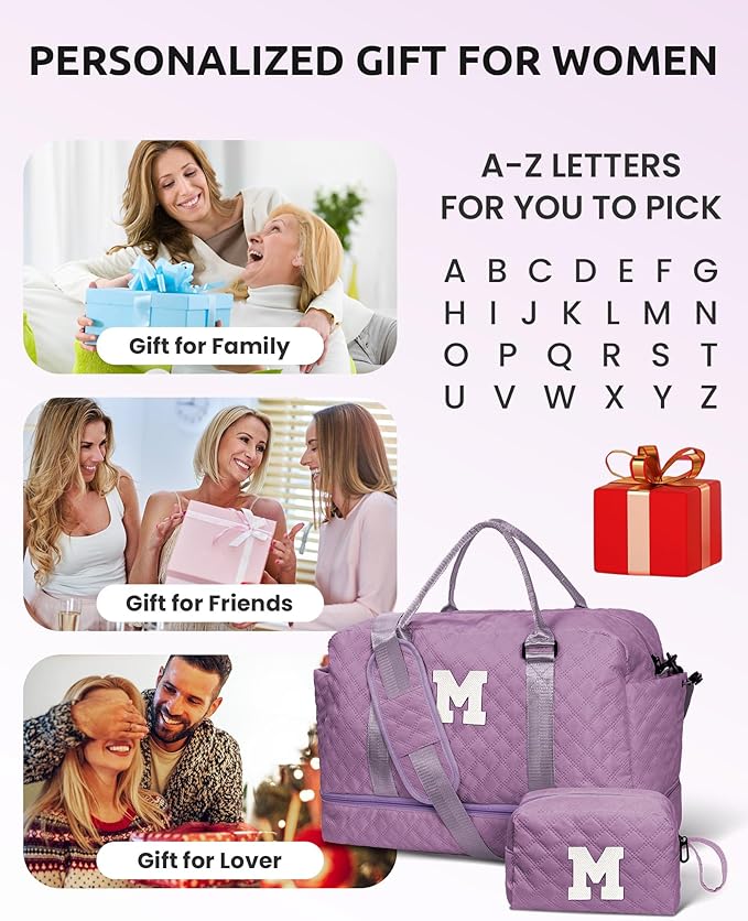 Vogewood Gifts for Daughter - Personalized Travel Bag with Shoe Compartment, Monogram Overnight Bag for Women, Sister Friend Girlfriend Gifts (Letter M)