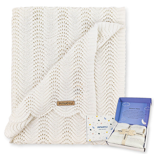 Pinuotu Cotton Knitted Baby Blanket – Neutral Swaddle Receiving Blanket for Newborn, Toddler, Boys & Girls, Crib or Stroller Blanket with Gift Box, 31×40 Inch (White)