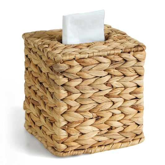 KALEKAIL Wicker Tissue Box Cover, Rattan Tissue Box Holder Square, Boho Decorative Woven Water Hyacinth Cube Tissue Holders for Bathroom Living Room Kitchen