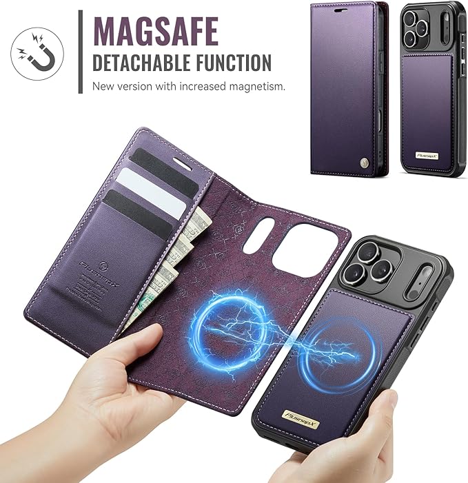 PlusnapX Wallet Case for iPhone 17 Pro Compatible with Magsafe, 2-in-1 PU Leather Flip RFID Blocking Card Holder Stand Shockproof Magnetic Detachable Cover for iPhone 17 Pro Case 6.3", Fashion Purple