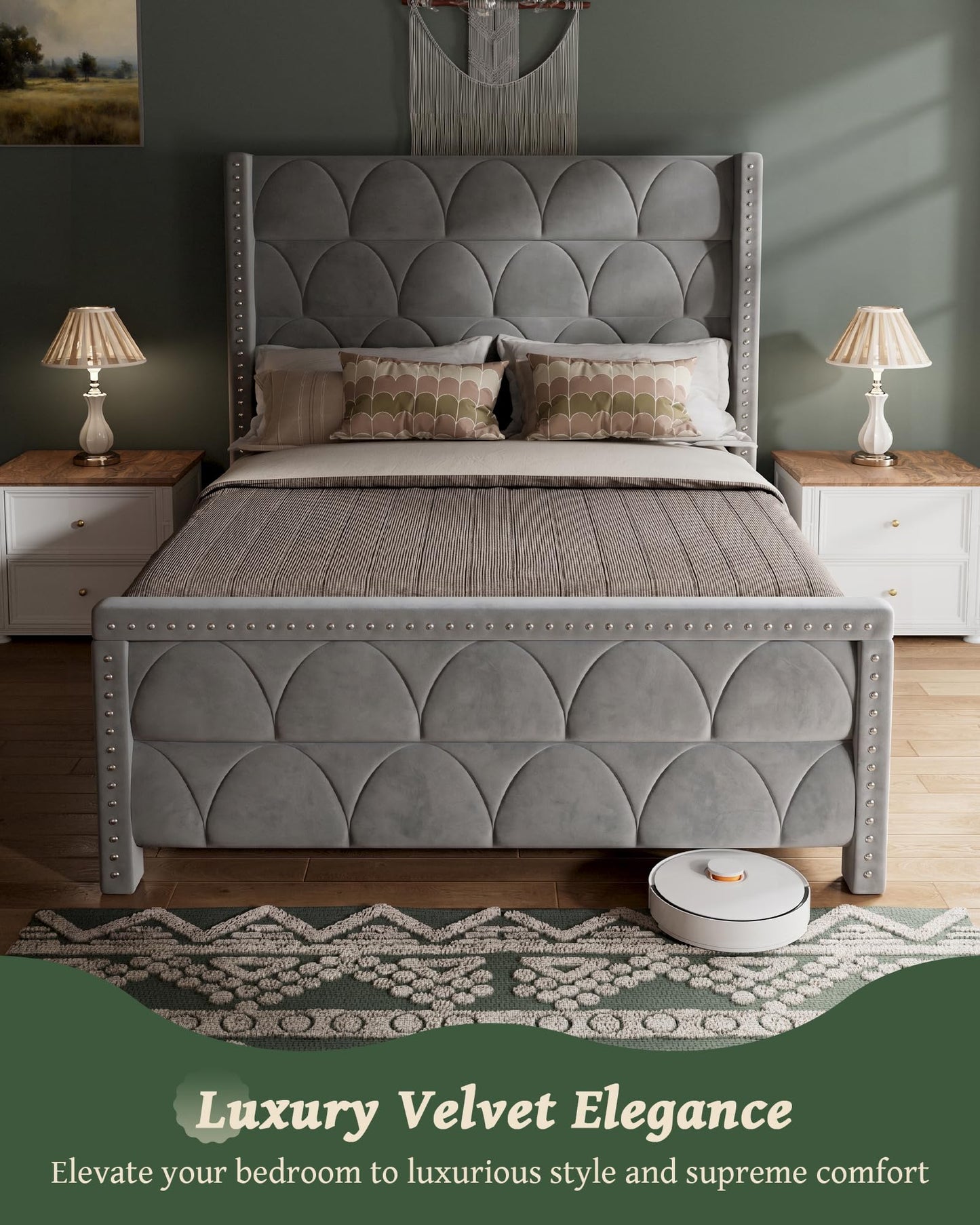 OHOHOLIVE Queen Size Bed Frame with 56" Headboard - Velvet Upholstered Wingback Platform Bed Frame, Noise Free, Sturdy Wooden Slat Support (Deep Gray, Queen)