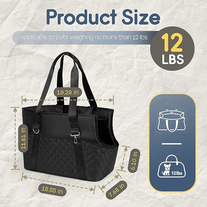 YUDODO 4-12lbs Dog Tote Bag for Women, Lightweight Small Dog Purse Carrier with Large Pockets & Safety Clip, Pet Shoulder Handbag for Travel, Outing, Vet, Black