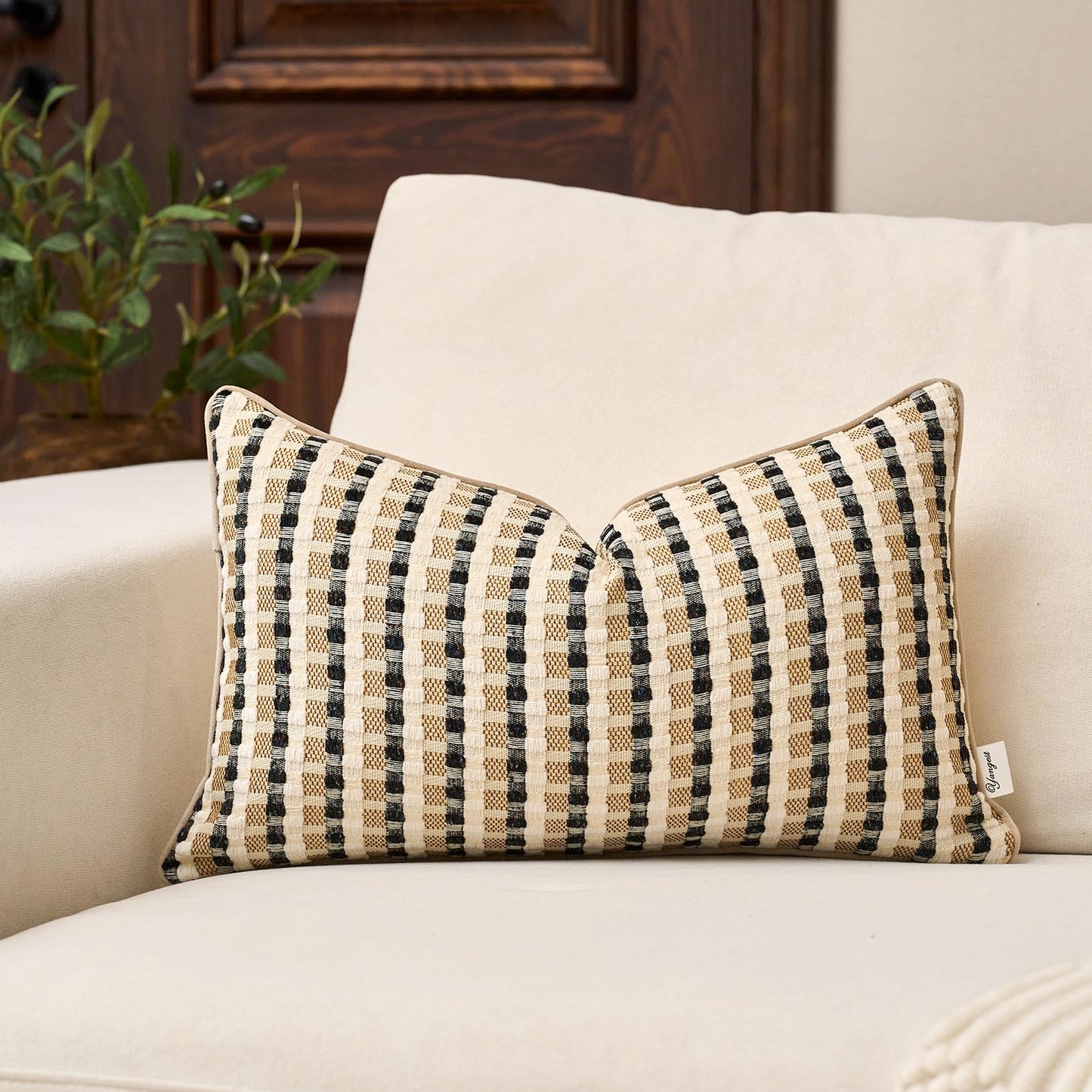 Yangest Boho Cotton and Linen Rectangle Pillow Cover 12x20 Inch, Striped Luxury Couch Pillowcover Accent Modern Decorative Cozy Soft Pillow for Sofa Couch Bedroom Living Room, Coffee Brown