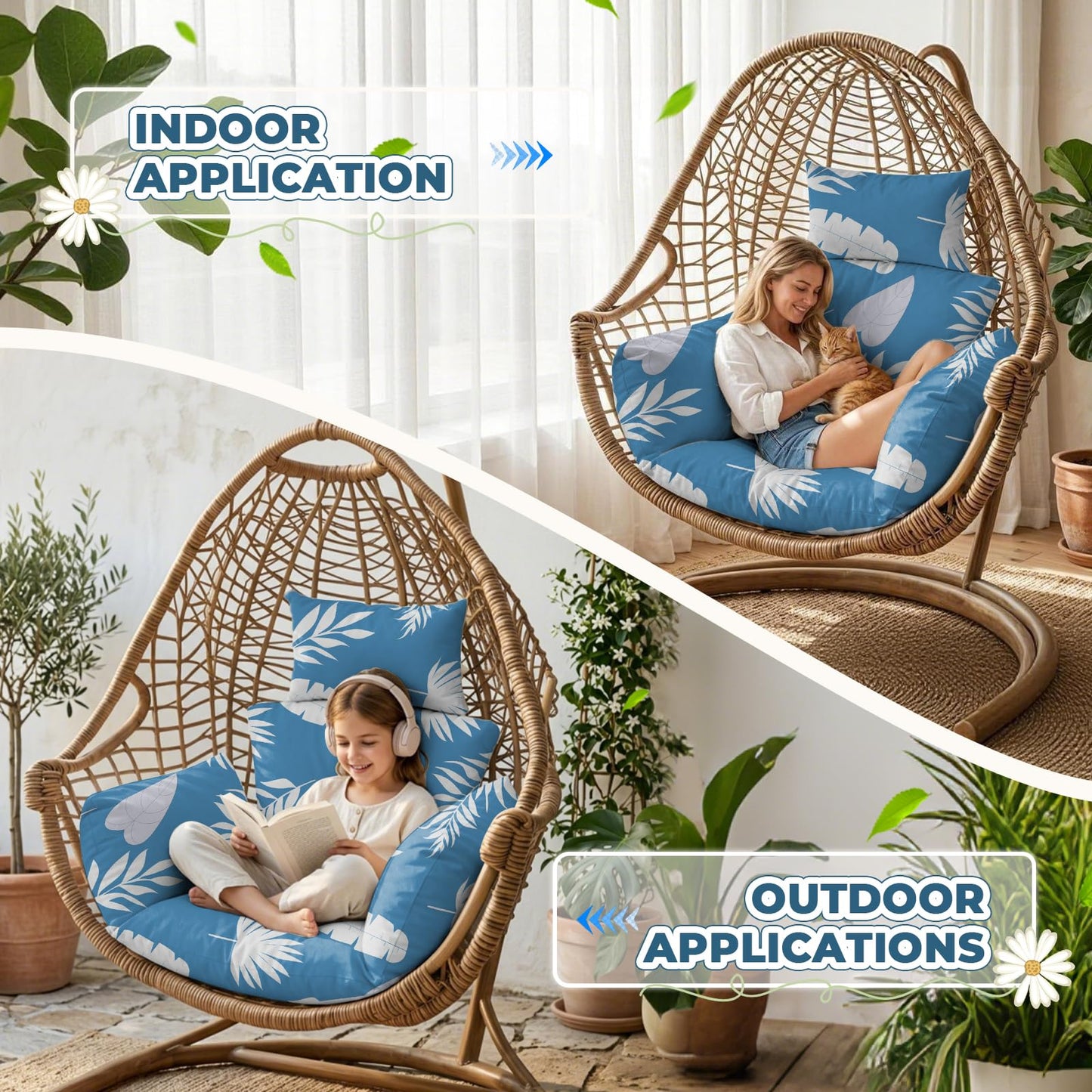 Uthem Waterproof Egg Chair Cushion Replacement 47x31.5x4.7 inch Thicken Hanging Egg Swing Chair Cushion Indoor Outdoor Wicker Rattan Hammock Basket Cushion with Headrest Pillow, Green Coconut Tree
