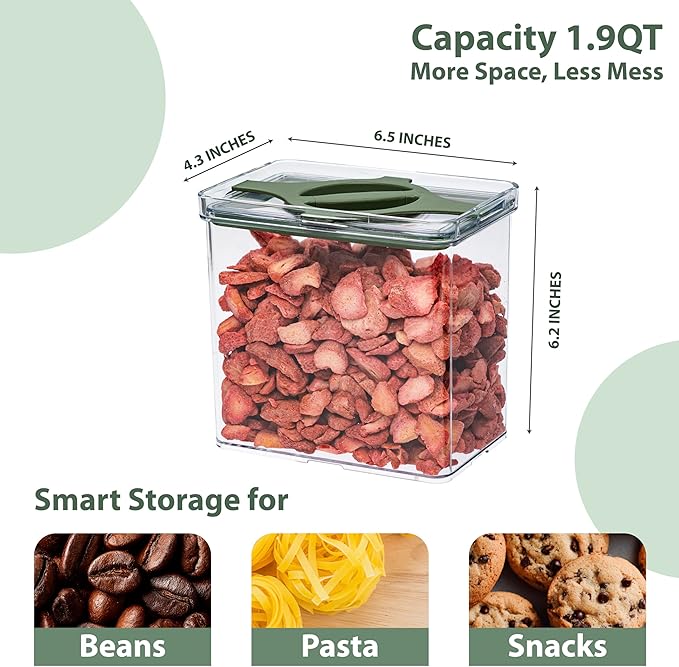 Prestoor 4-Pack Airtight Pantry Containers, 1.9 QT / 1.8 L Clear Food Storage Jars with Leakproof Twist-Lock Lids, Detachable Lid for Easy Cleaning, Cereal, Pasta, Rice, Oats, Snack Storage -Black