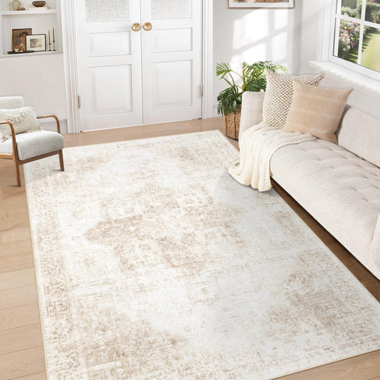VECARF Area Rug 5x7 Washable Rug, Vintage Boho Medallion Rugs Non-Slip Soft Low Pile Large Distressed Rug Indoor Retro Carpet for Living Room Bedroom Dining Room Home Office (Beige, 5'x7')