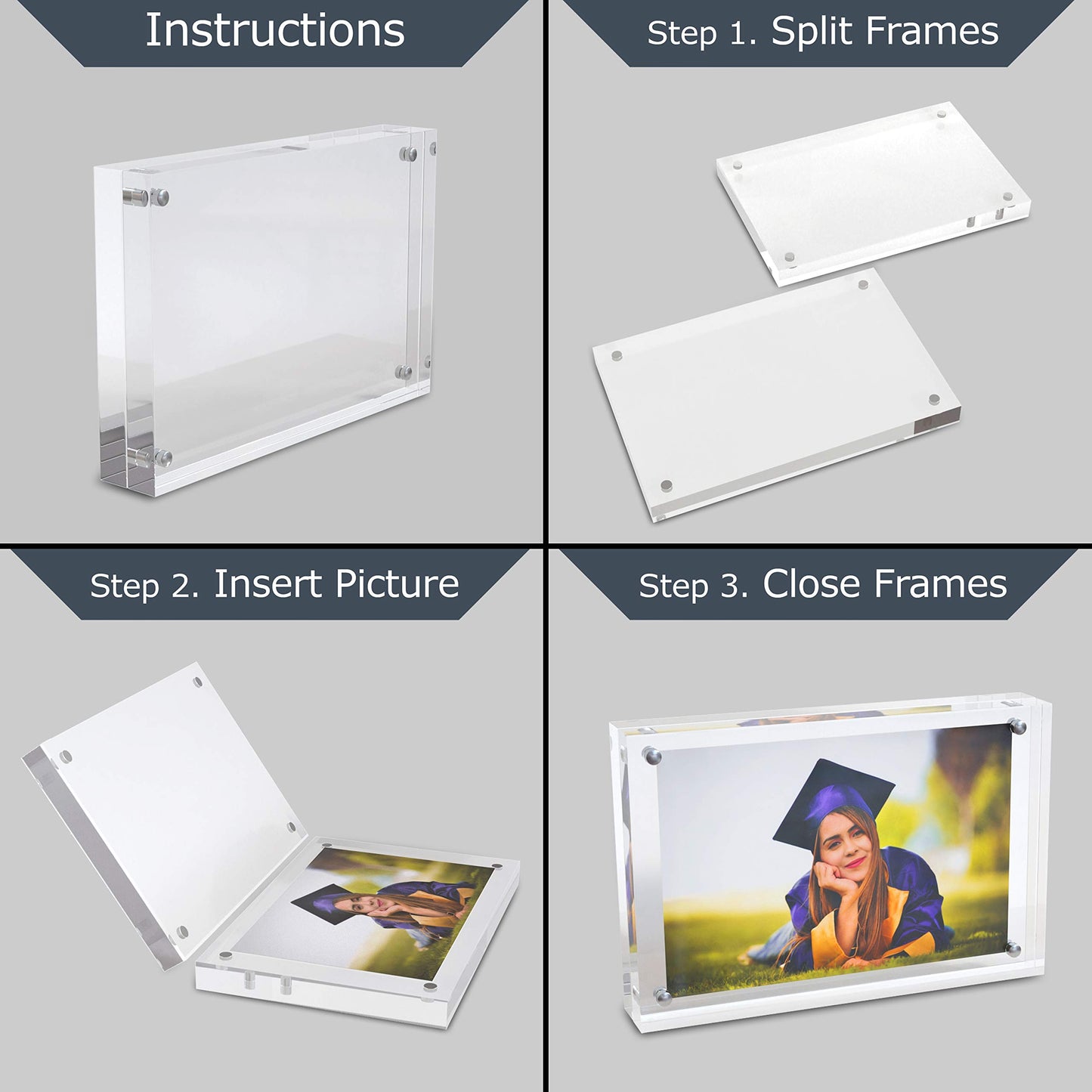 MIRA-K | Crystal Memories | Acrylic Picture Frame 6x8 with Magnetic Closure | Lucite Photo Frame for Tabletop | Decorative Display for Tickets, Postcards and Awards