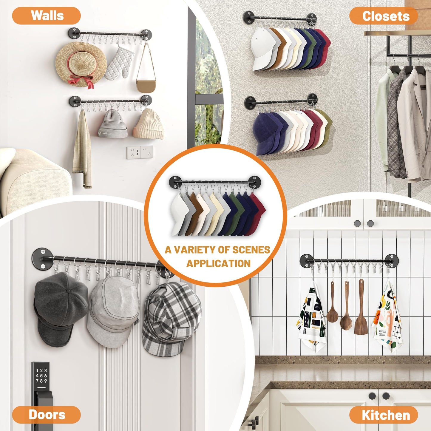 Haikopoon 2 Pack Metal Hat Organizer for Baseball Caps with 12 Large Clips, Wall-mounted Hat Rack Holds up to 24 Hats, Hats Hanger Holder for Closet Wall Storage, Fits All Caps Display-Black