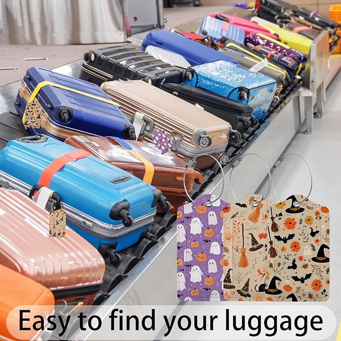 Halloween Ghost and Pumpkin 3 Pack Luggage Tags, PU Leather Luggage Tags for Suitcase,Name ID Labels with Privacy Cover Suitcases and Metal Loop for Travel Bag Suitcase