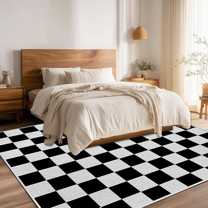 Black and White Checkered Rug for Living Room, 5x7 Area Rugs, Checkered Area Rug, Geometric Plaid Large Rugs, Geometrical Washable Non Slip Retro Carpet Home Floor Decor
