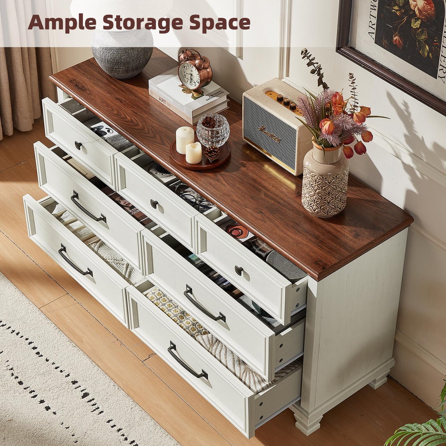 SAVOR LIFE Farmhouse Dresser and Nightstand Sets 4 Piece, 5/7 Drawer Dresser & 2 Drawer Nightstand Set, Rustic Wood Bedroom Furniture Set for Home, Bedroom, Hallway, White
