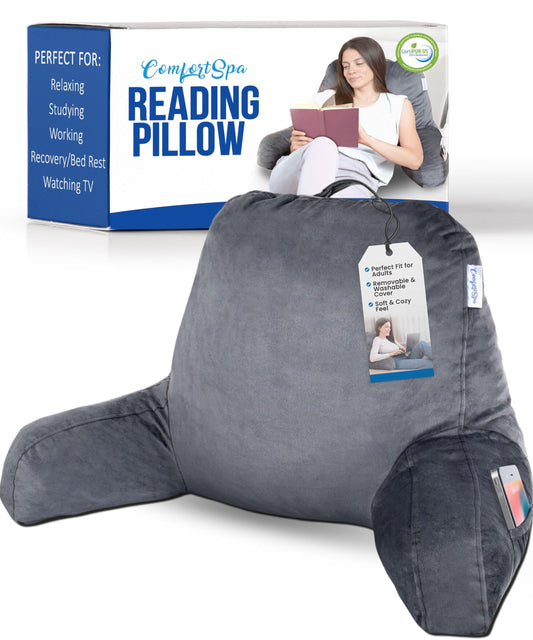 ComfortSpa Reading Pillow for Bed Adult Size, Back Rest Pillow with Arms, Pockets and Washable Cover; Use as a Back Pillow for Bed Sitting Up for Bedrest or Relief from GERD Heartburn (Large Grey)