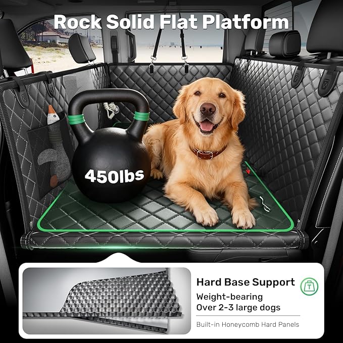 Zanch Heavy-Duty Dog Car Seat Cover, Flat Solid Back Seat Extender for Multi Large Dogs, Hard-Base Supports 450 lb, Waterproof Scrachproof Hammock Protector, Standard for Cars, SUV, Trucks, Green