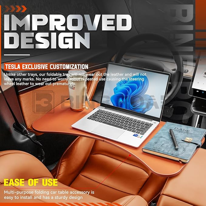 BINB ROAD Leather Tray Table Folding Car Table Compatible with Tesla Model 3 Y – Multi-Use Dining Tray & Laptop Stand, Fits Front Driver & Passenger Seats,Orange